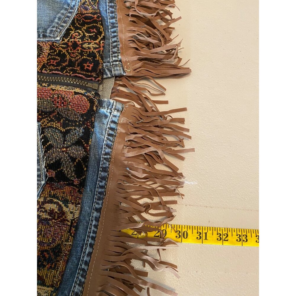 Boho Patchwork Tapestry Vest Womens XL Denim Accents Fringe Hem XL - Picture 6 of 8